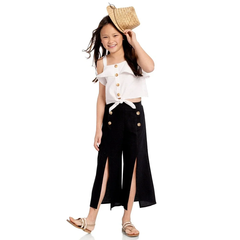 NEW Girls Truly Me 2pc Cropped Top & Black Cullotes Pants Outfit sz 14 Linen Lk